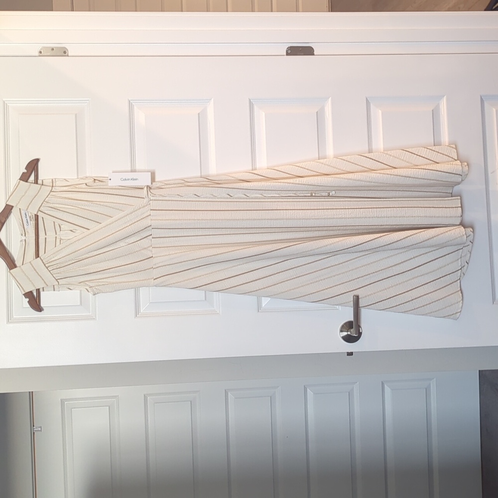 Calvin Klein Cream Ivory and Gold Striped Sleeveless Dress